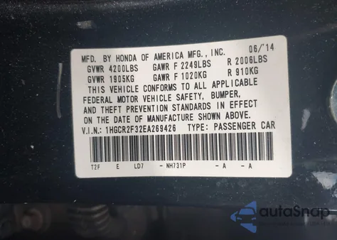 2014 Honda Accord Lx из США, поврежденный, VIN 1HGCR2F32EA269426